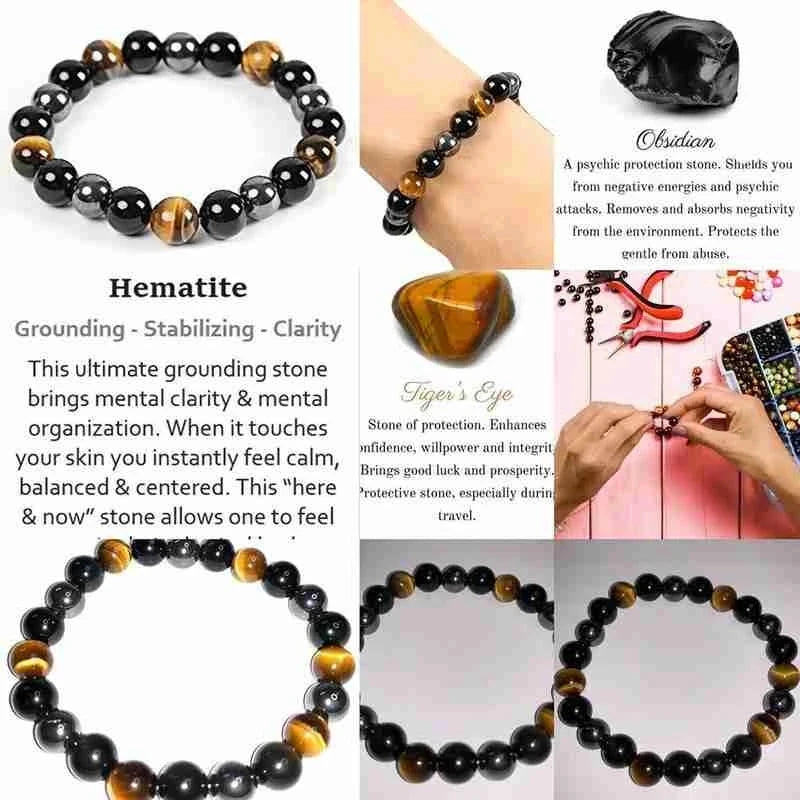 đ¤ Armband aus Schwarzem Obsidian & Tigerauge â Magnetischer Schutz & Energieausgleich