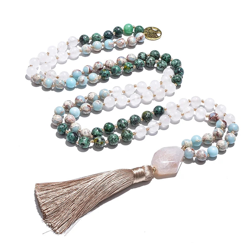 Weiße Steine & Afrikanischer Türkis Mala – 108 Perlen Knotenmeditationskette