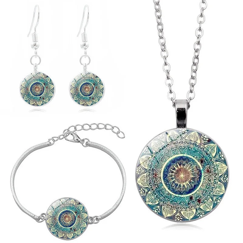 🔮 Mandala Charm Ohrringe & Halsketten-Set – Om Symbol & Zen Kunst