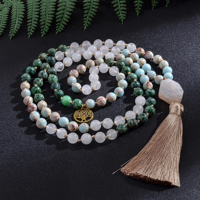 Weiße Steine & Afrikanischer Türkis Mala – 108 Perlen Knotenmeditationskette
