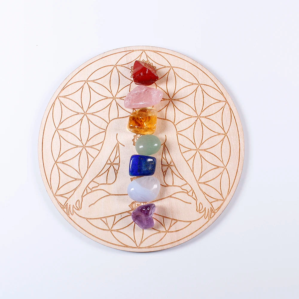 🌈 7-teiliges Chakra-Heilstein-Set mit Holzplatte 🌿✨