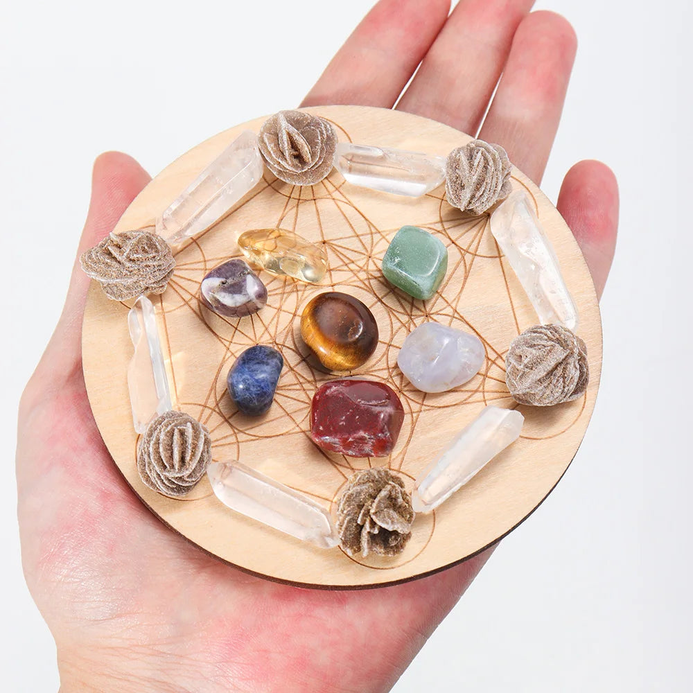 🌈 7-teiliges Chakra-Heilstein-Set mit Holzplatte 🌿✨