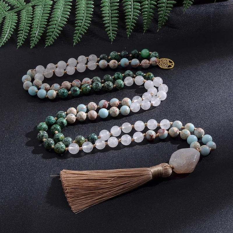 Weiße Steine & Afrikanischer Türkis Mala – 108 Perlen Knotenmeditationskette