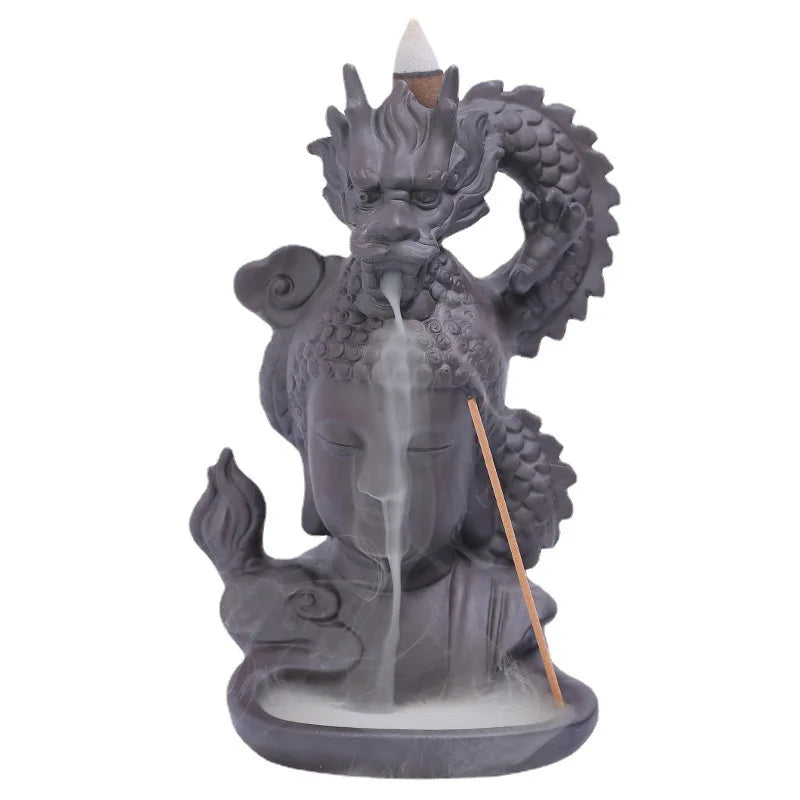 Rückfluss-Räuchergefäß „Drachen & Buddha“ aus lila Ton – Zen Deko & Aromatherapie für Zuhause (Keramik)