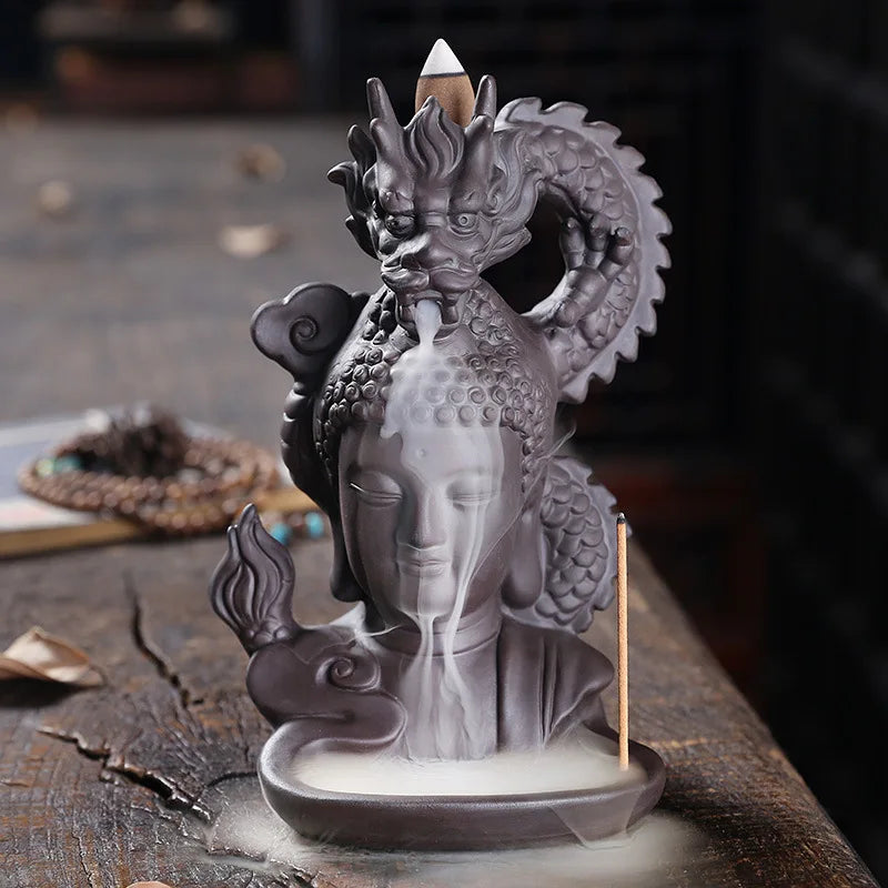 Rückfluss-Räuchergefäß „Drachen & Buddha“ aus lila Ton – Zen Deko & Aromatherapie für Zuhause (Keramik)
