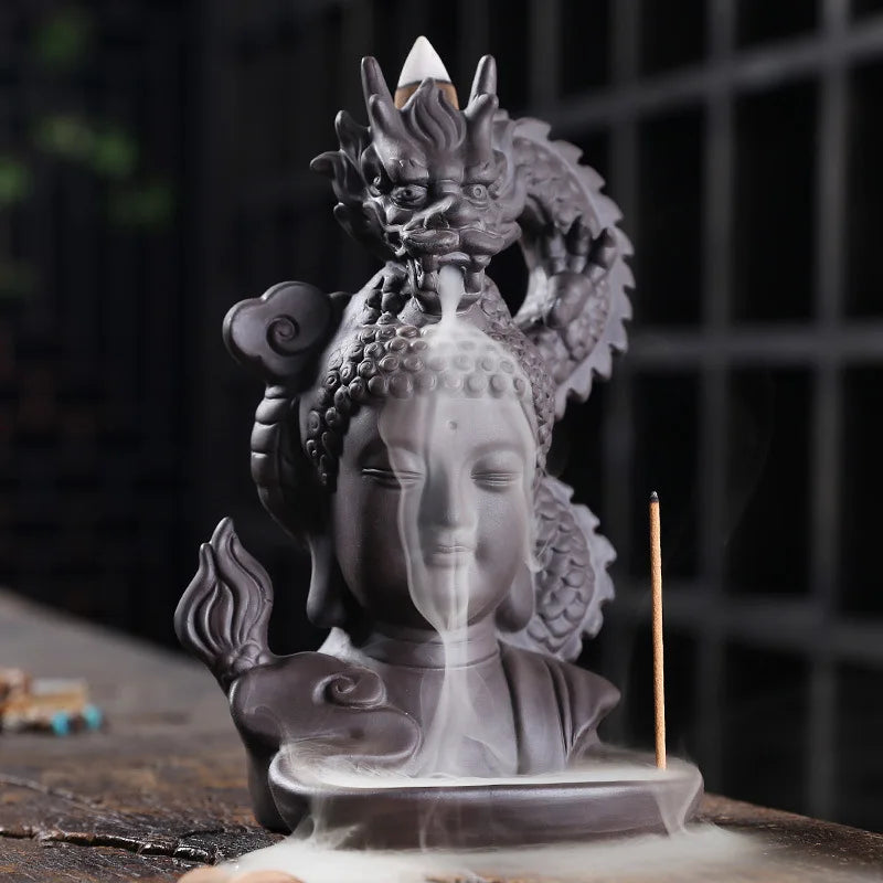 Rückfluss-Räuchergefäß „Drachen & Buddha“ aus lila Ton – Zen Deko & Aromatherapie für Zuhause (Keramik)