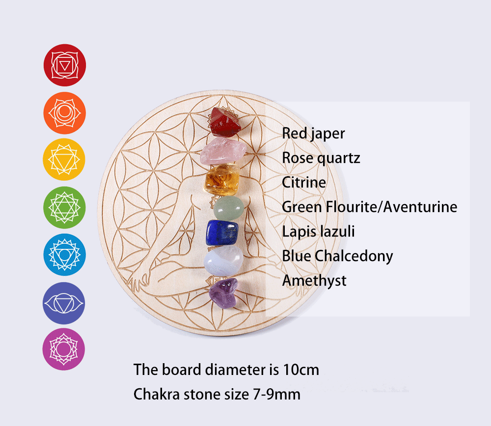 🌈 7-teiliges Chakra-Heilstein-Set mit Holzplatte 🌿✨