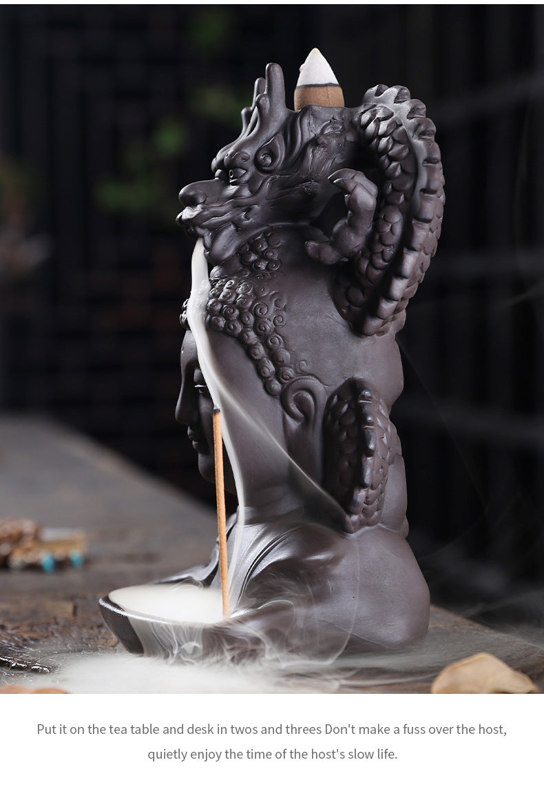 Rückfluss-Räuchergefäß „Drachen & Buddha“ aus lila Ton – Zen Deko & Aromatherapie für Zuhause (Keramik)