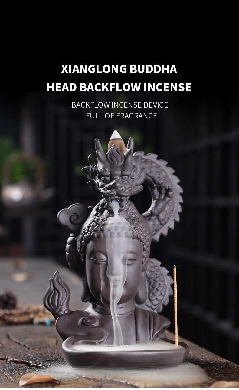 Rückfluss-Räuchergefäß „Drachen & Buddha“ aus lila Ton – Zen Deko & Aromatherapie für Zuhause (Keramik)
