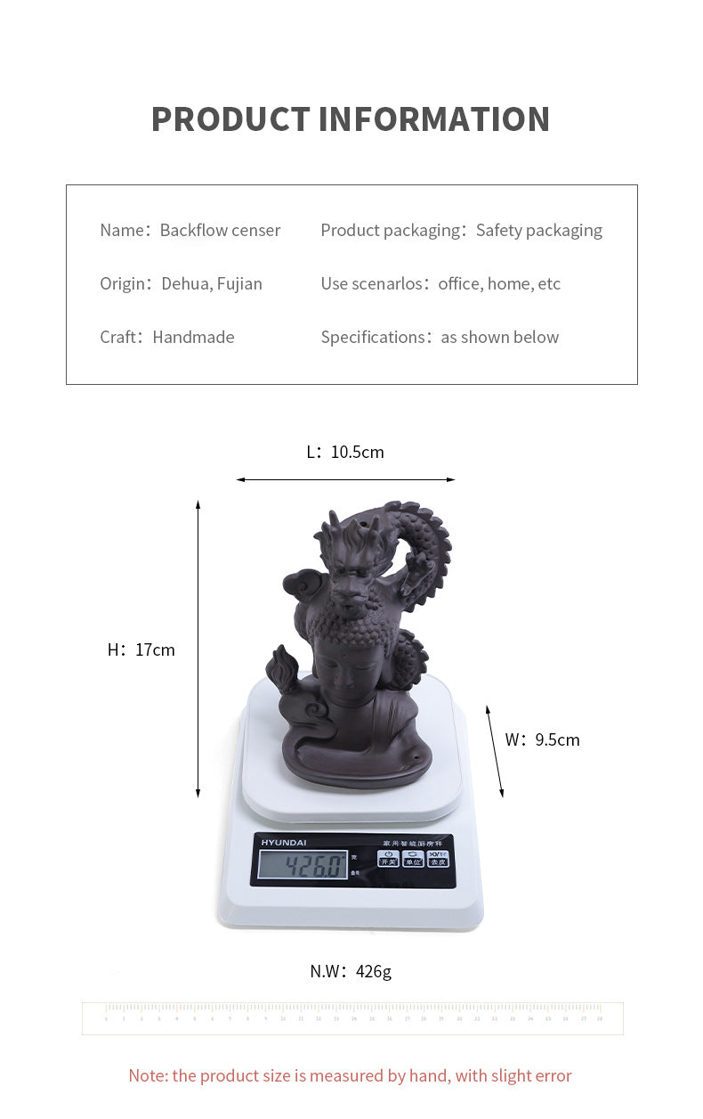 Rückfluss-Räuchergefäß „Drachen & Buddha“ aus lila Ton – Zen Deko & Aromatherapie für Zuhause (Keramik)