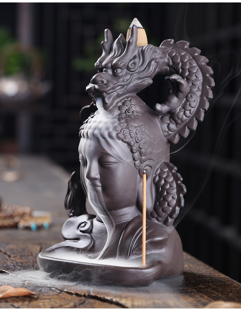 Rückfluss-Räuchergefäß „Drachen & Buddha“ aus lila Ton – Zen Deko & Aromatherapie für Zuhause (Keramik)
