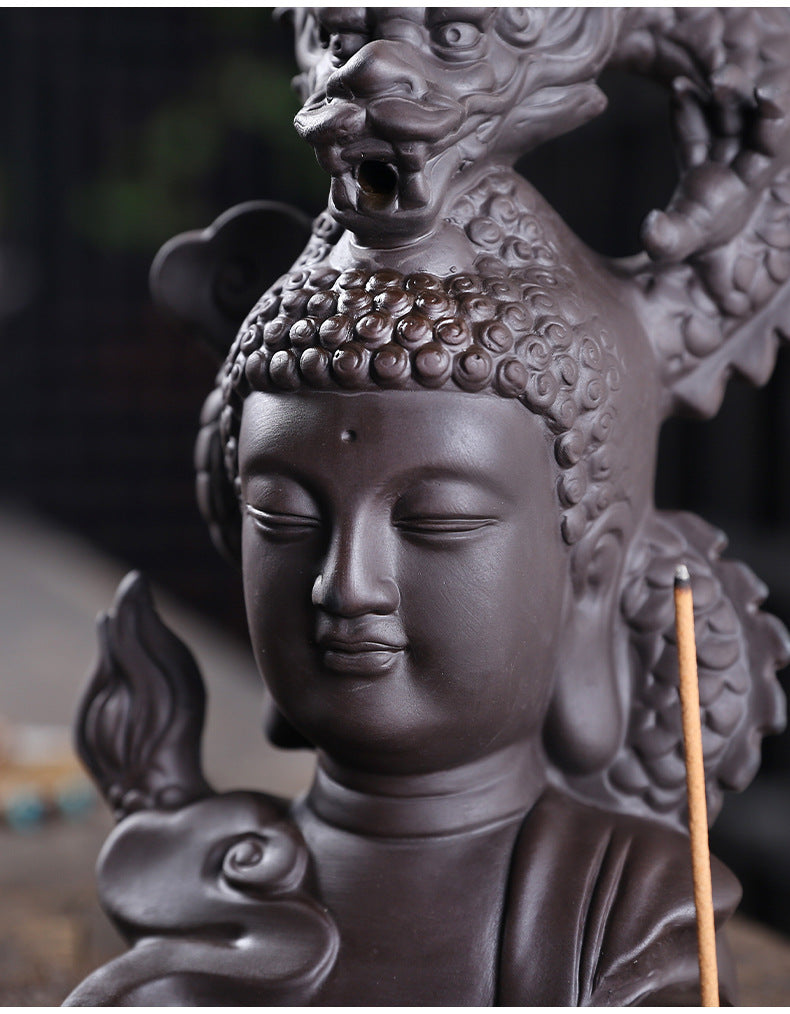 Rückfluss-Räuchergefäß „Drachen & Buddha“ aus lila Ton – Zen Deko & Aromatherapie für Zuhause (Keramik)