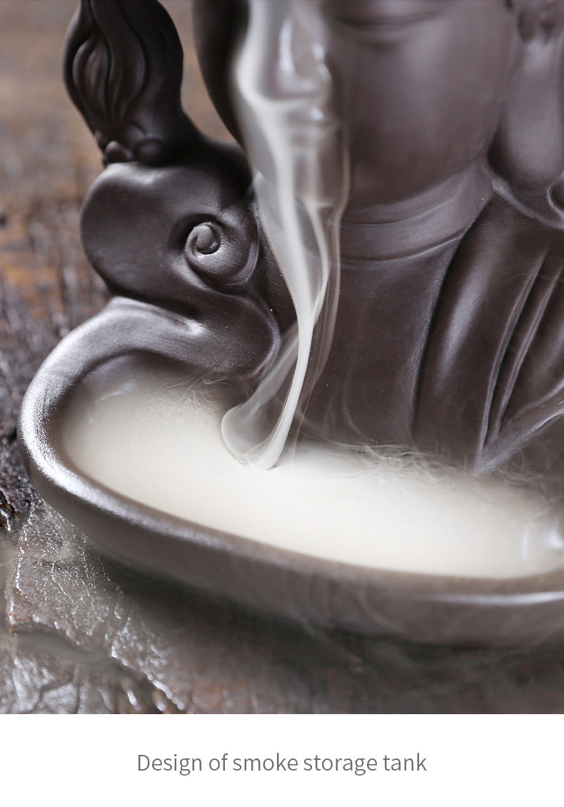 Rückfluss-Räuchergefäß „Drachen & Buddha“ aus lila Ton – Zen Deko & Aromatherapie für Zuhause (Keramik)