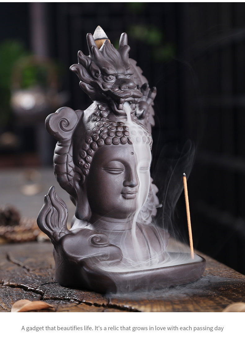 Rückfluss-Räuchergefäß „Drachen & Buddha“ aus lila Ton – Zen Deko & Aromatherapie für Zuhause (Keramik)