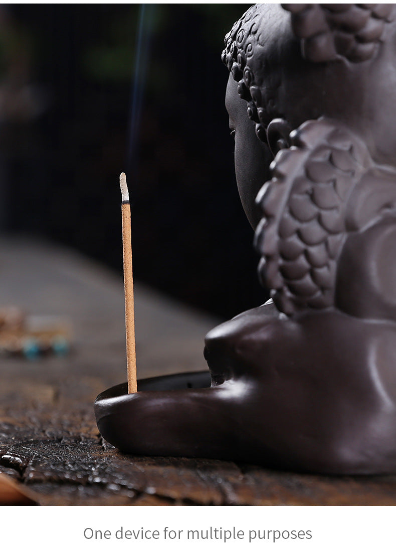 Rückfluss-Räuchergefäß „Drachen & Buddha“ aus lila Ton – Zen Deko & Aromatherapie für Zuhause (Keramik)