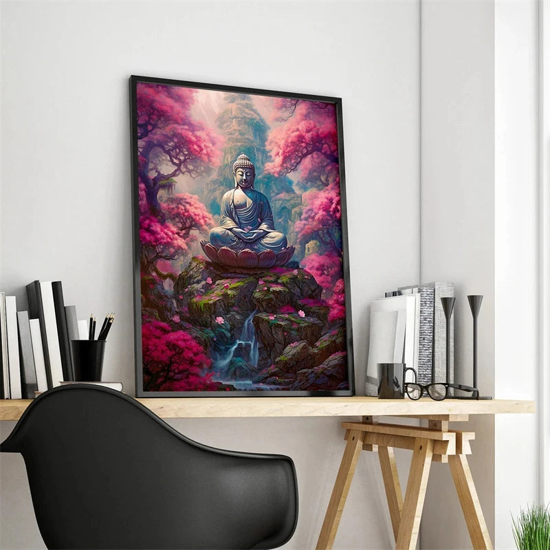 Antiker Stein-Buddha auf Leinwand – Horizontale Wandkunst für Meditation & Wohnkultur