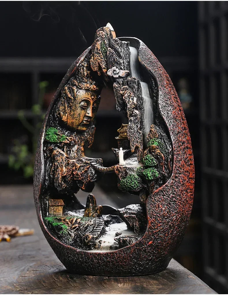 ✨ Zen Buddha Wasserfall Räuchergefäß – Harz-Ornament für Ruhe & Meditation 🌿