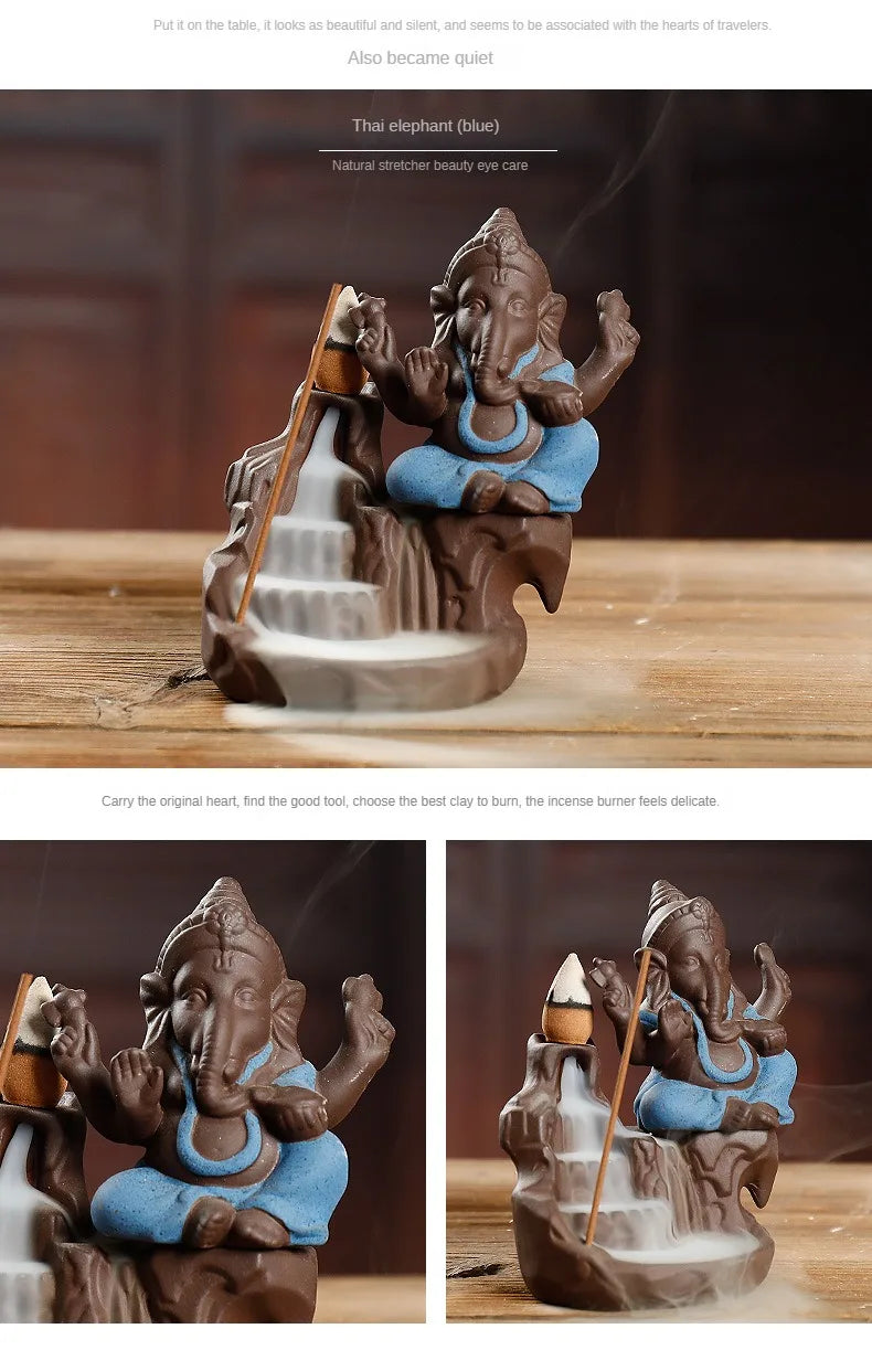 Rückfluss-Räuchergefäß „Elefant & Ganesha“ – Zen-Dekor aus Keramik für Zuhause & Teezeremonie