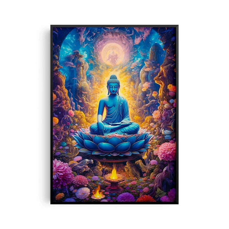 Antiker Stein-Buddha auf Leinwand – Horizontale Wandkunst für Meditation & Wohnkultur