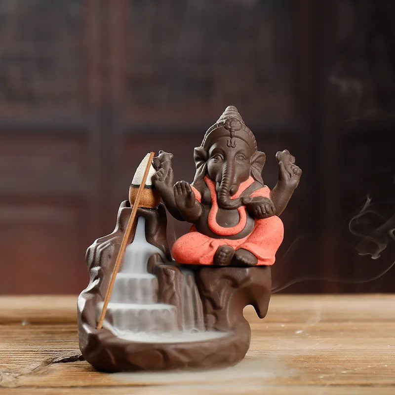 Rückfluss-Räuchergefäß „Elefant & Ganesha“ – Zen-Dekor aus Keramik für Zuhause & Teezeremonie