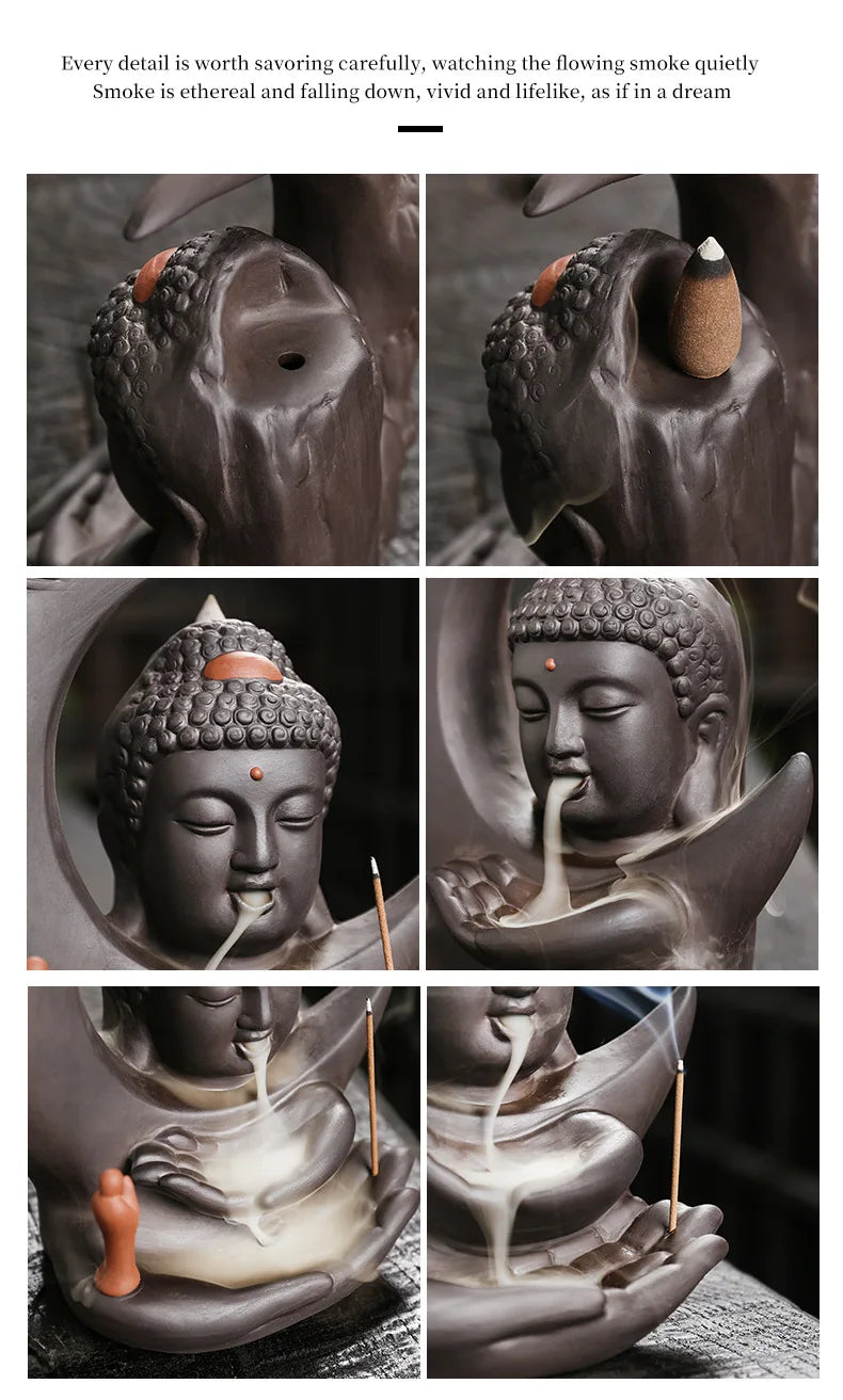 đ Handgefertigter Räuchergefäà aus lila Ton mit Mond- & Buddha-Design đ§ââď¸