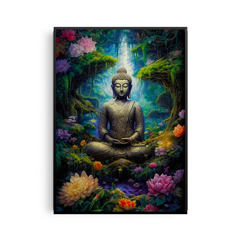Antiker Stein-Buddha auf Leinwand – Horizontale Wandkunst für Meditation & Wohnkultur