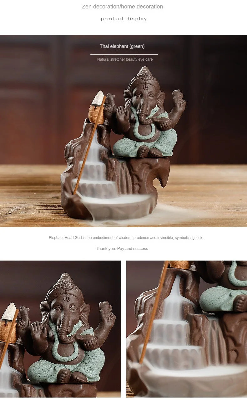 Rückfluss-Räuchergefäß „Elefant & Ganesha“ – Zen-Dekor aus Keramik für Zuhause & Teezeremonie