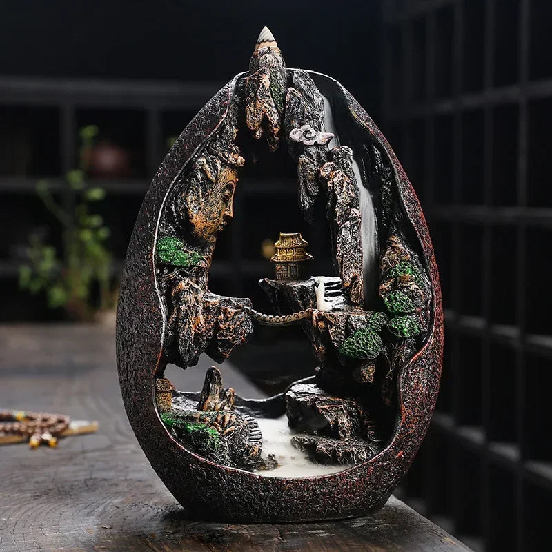 ✨ Zen Buddha Wasserfall Räuchergefäß – Harz-Ornament für Ruhe & Meditation 🌿