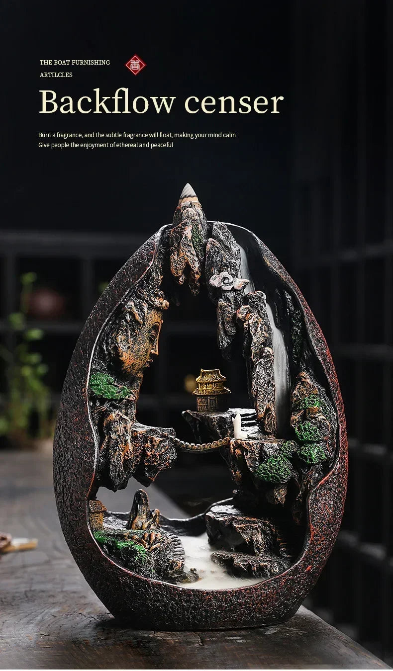 ✨ Zen Buddha Wasserfall Räuchergefäß – Harz-Ornament für Ruhe & Meditation 🌿