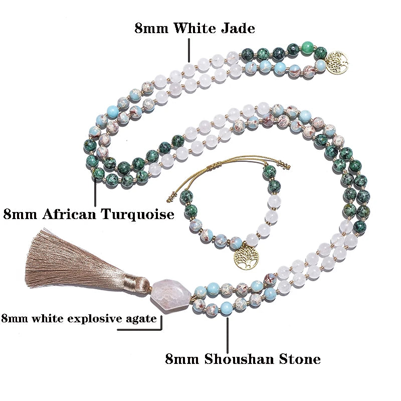 Weiße Steine & Afrikanischer Türkis Mala – 108 Perlen Knotenmeditationskette