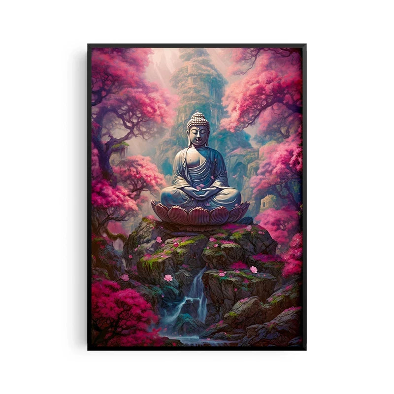 Antiker Stein-Buddha auf Leinwand – Horizontale Wandkunst für Meditation & Wohnkultur