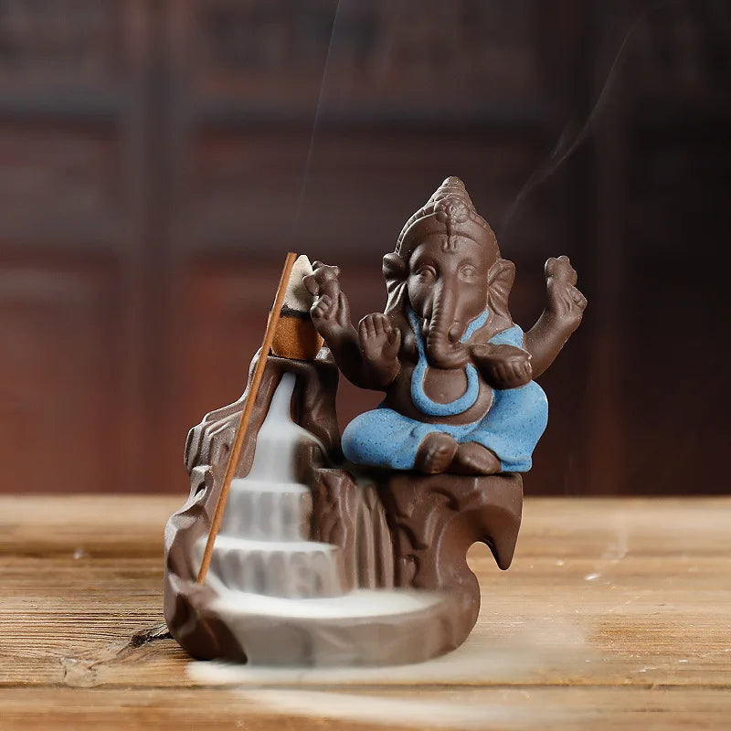 Rückfluss-Räuchergefäß „Elefant & Ganesha“ – Zen-Dekor aus Keramik für Zuhause & Teezeremonie