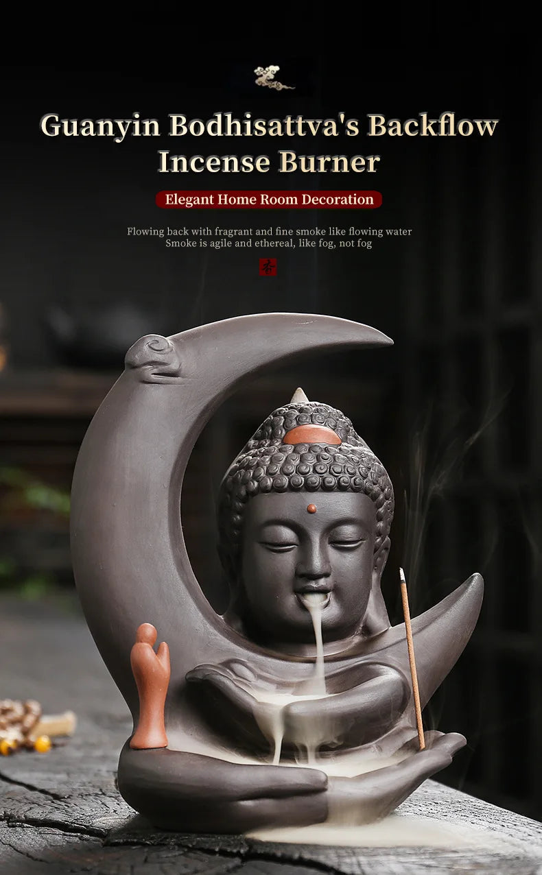 đ Handgefertigter Räuchergefäà aus lila Ton mit Mond- & Buddha-Design đ§ââď¸