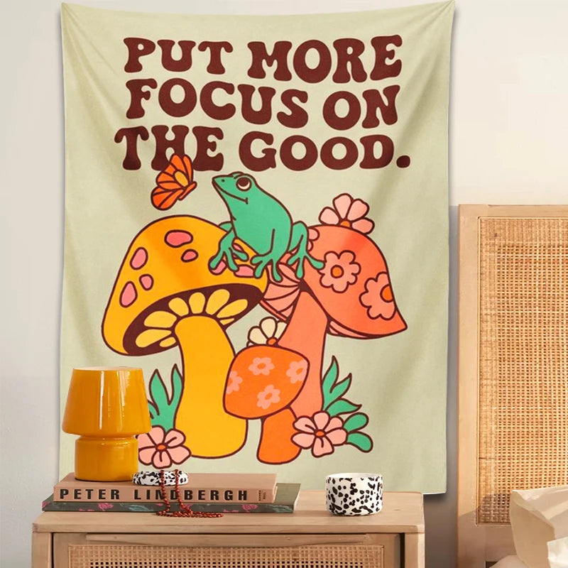 🍄 Pilz-Frosch Wandteppich – Trippy Retro Wandbehang für Boho Raumdeko