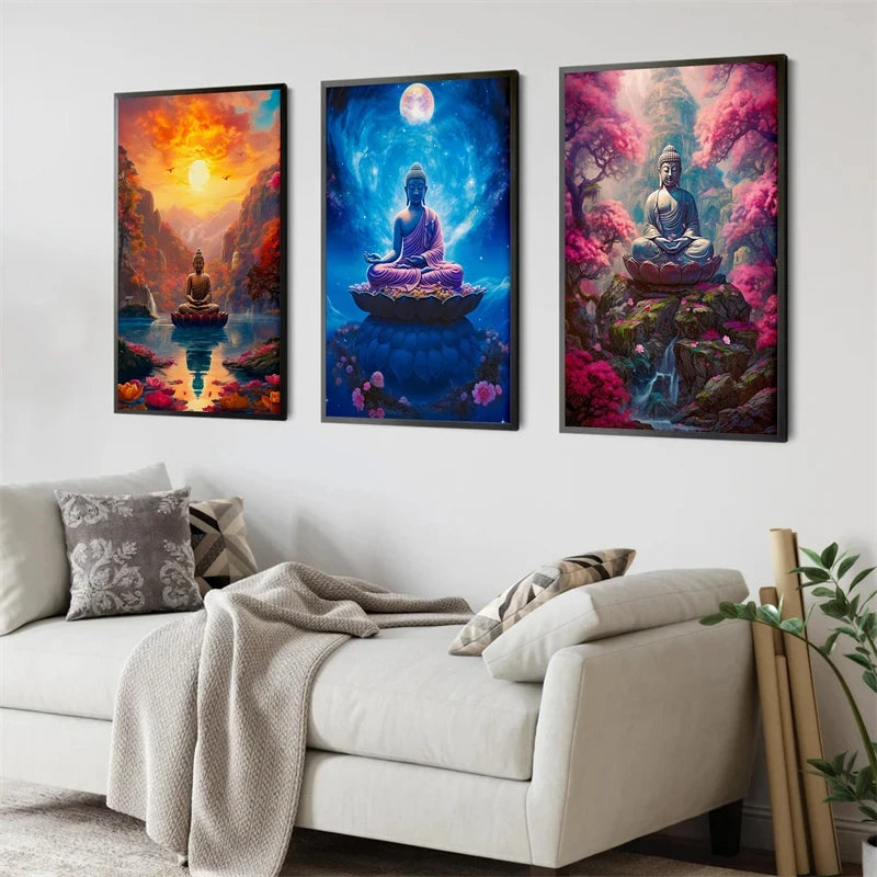 Antiker Stein-Buddha auf Leinwand – Horizontale Wandkunst für Meditation & Wohnkultur