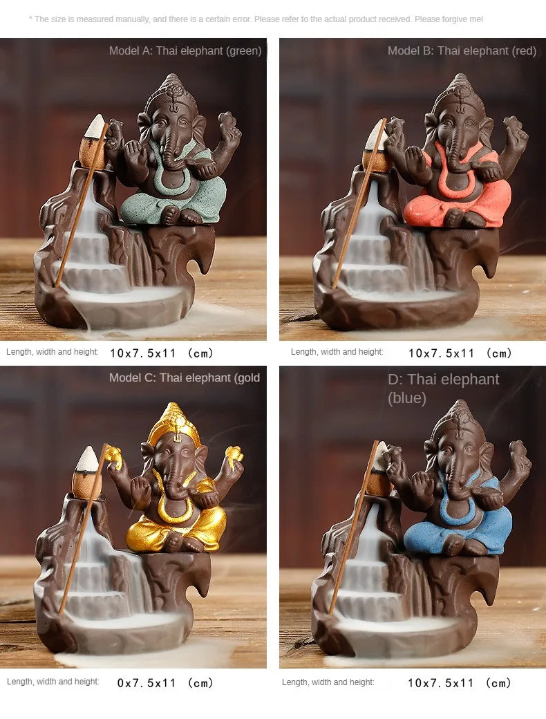 Rückfluss-Räuchergefäß „Elefant & Ganesha“ – Zen-Dekor aus Keramik für Zuhause & Teezeremonie