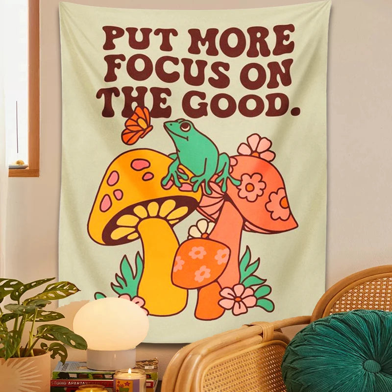 🍄 Pilz-Frosch Wandteppich – Trippy Retro Wandbehang für Boho Raumdeko