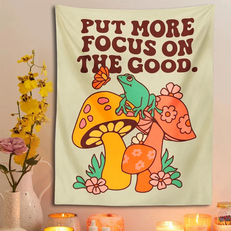 🍄 Pilz-Frosch Wandteppich – Trippy Retro Wandbehang für Boho Raumdeko