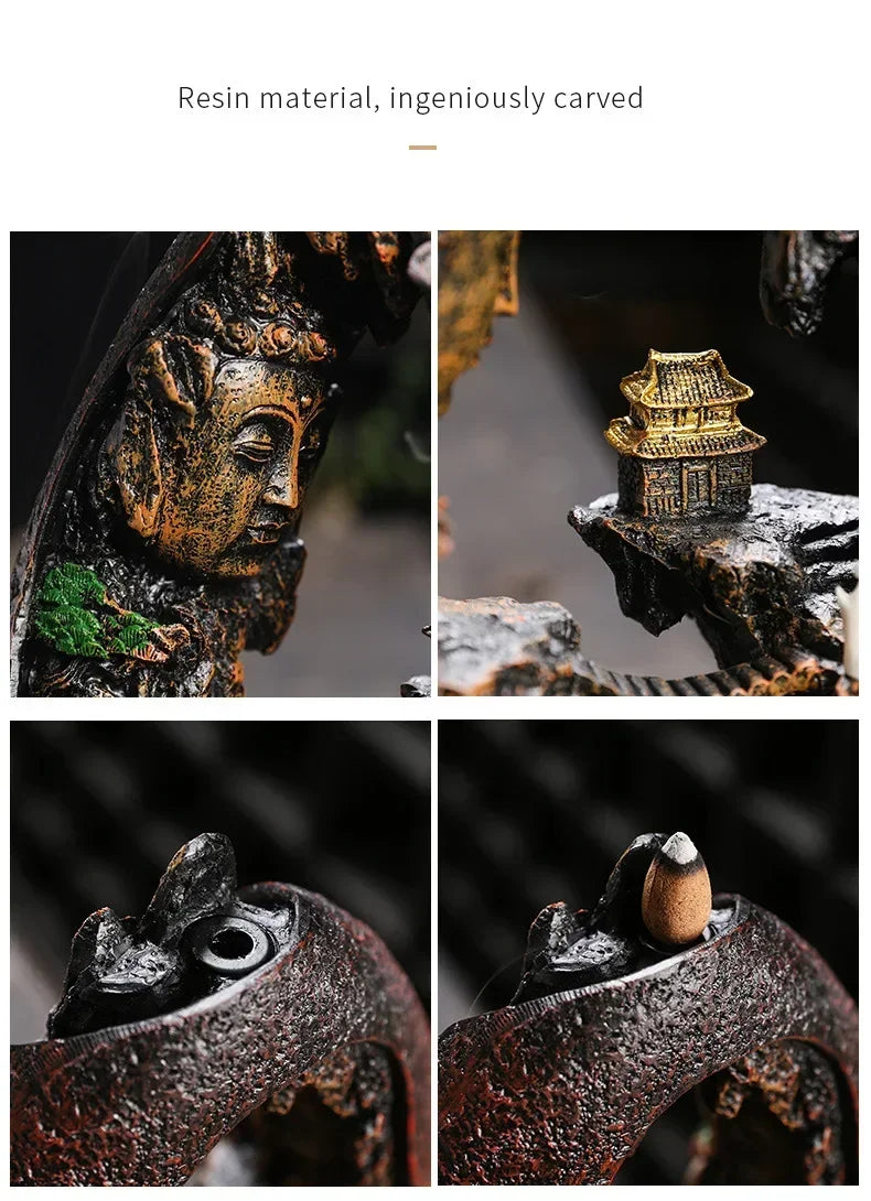 ✨ Zen Buddha Wasserfall Räuchergefäß – Harz-Ornament für Ruhe & Meditation 🌿