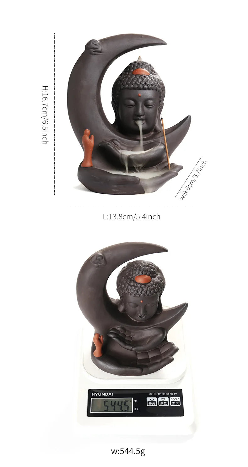 đ Handgefertigter Räuchergefäà aus lila Ton mit Mond- & Buddha-Design đ§ââď¸