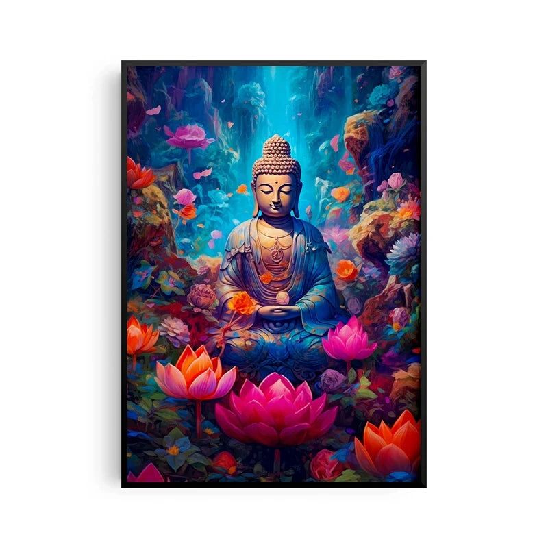 Antiker Stein-Buddha auf Leinwand – Horizontale Wandkunst für Meditation & Wohnkultur
