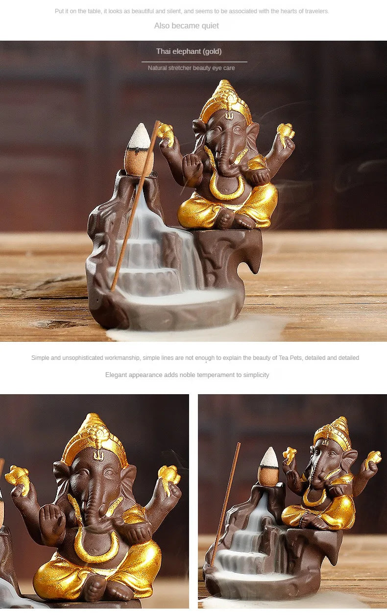 Rückfluss-Räuchergefäß „Elefant & Ganesha“ – Zen-Dekor aus Keramik für Zuhause & Teezeremonie