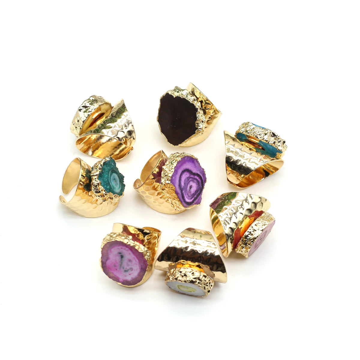 đ NatĂźrlicher Druzy Achat Ring â Verstellbarer Goldplattierter Geoden-Kristall (8 Farben)