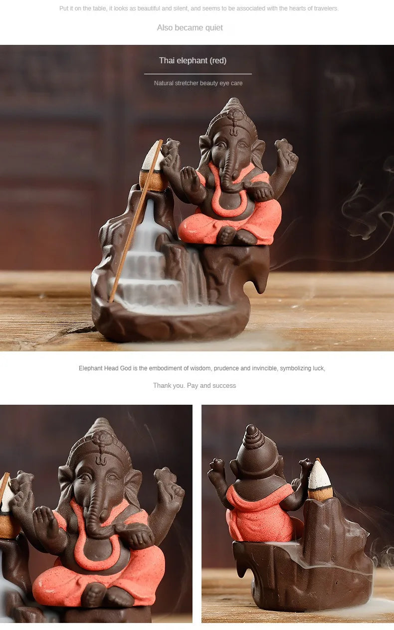 Rückfluss-Räuchergefäß „Elefant & Ganesha“ – Zen-Dekor aus Keramik für Zuhause & Teezeremonie