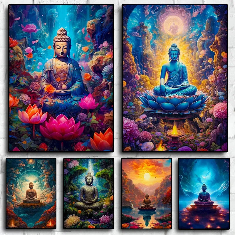 Antiker Stein-Buddha auf Leinwand – Horizontale Wandkunst für Meditation & Wohnkultur