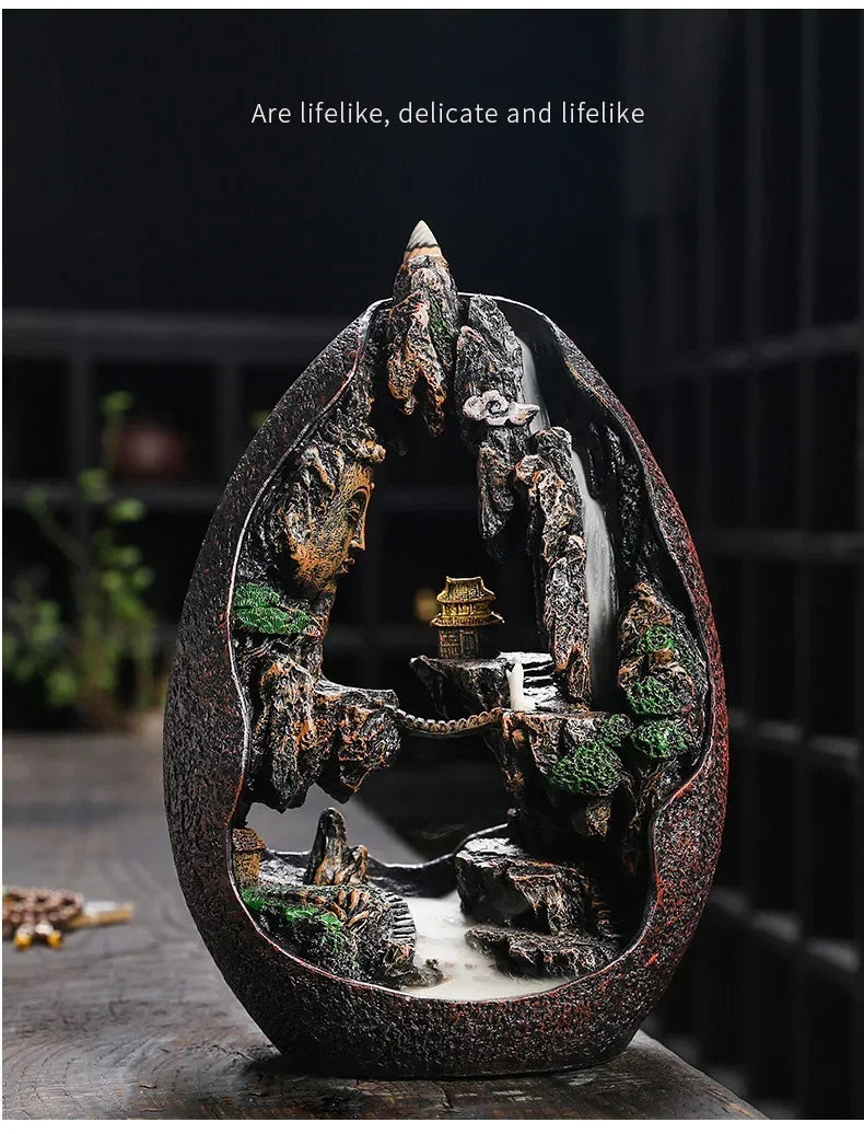 ✨ Zen Buddha Wasserfall Räuchergefäß – Harz-Ornament für Ruhe & Meditation 🌿