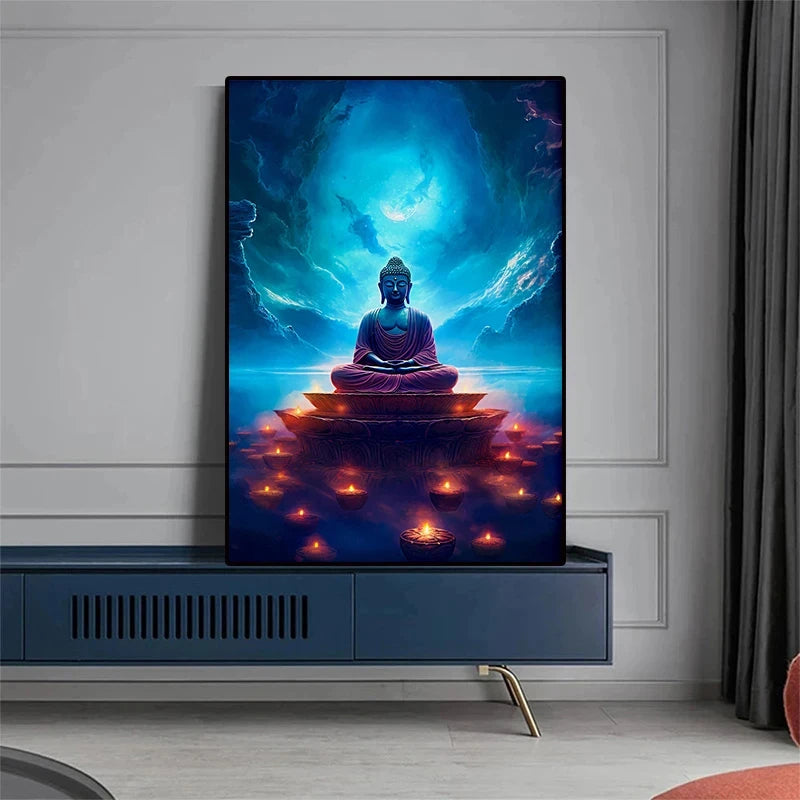 Antiker Stein-Buddha auf Leinwand – Horizontale Wandkunst für Meditation & Wohnkultur