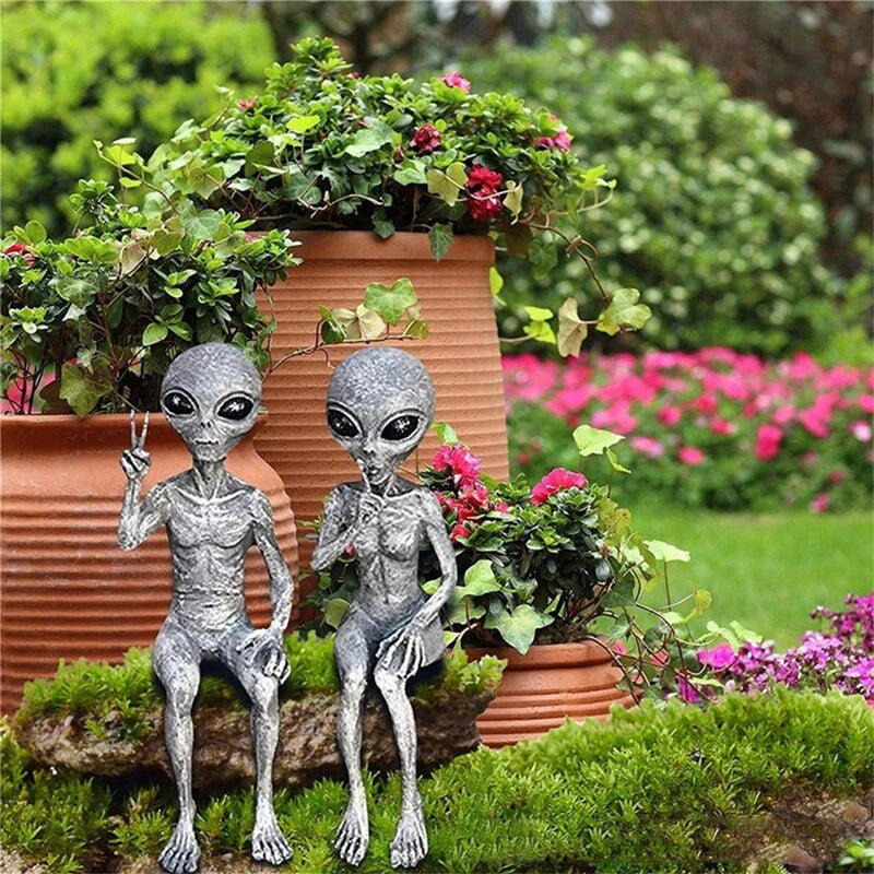 👽 Lustige Alien-Gartenstatue – UFO-Wichtel aus Harz für Innen & Außen