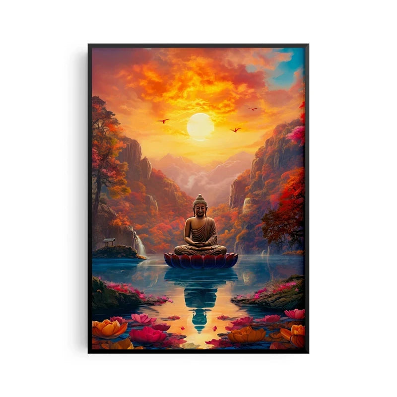 Antiker Stein-Buddha auf Leinwand – Horizontale Wandkunst für Meditation & Wohnkultur