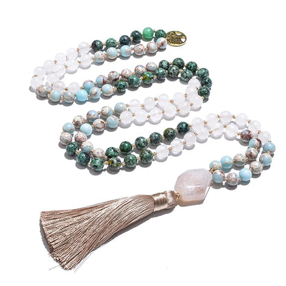 Weiße Steine &amp; Afrikanischer Türkis Mala – 108 Perlen Knotenmeditationskette